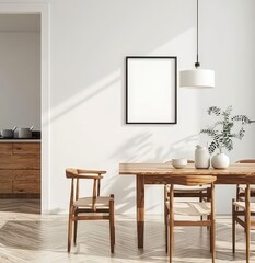 Minimalist dining room interior with wooden table. chairs. and a black framed artwork on a white wall with a pendant light