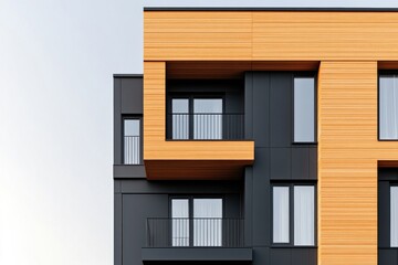 Contemporary townhouse displays a mix of black and wood tones, featuring large windows and balconies. This modular design emphasizes clean lines and efficient living in a vibrant community