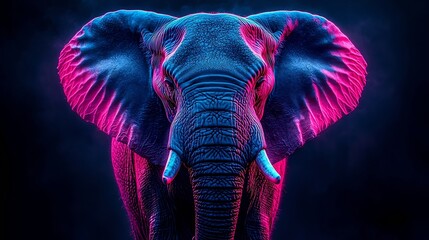 Majestic Neon Elephant with Glowing Tusks and Ears on Captivating Black Background