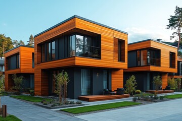 Fototapeta premium These modern modular private townhouses showcase unique architecture with natural wood exteriors, large glass windows, and landscaped surroundings, creating a serene living environment