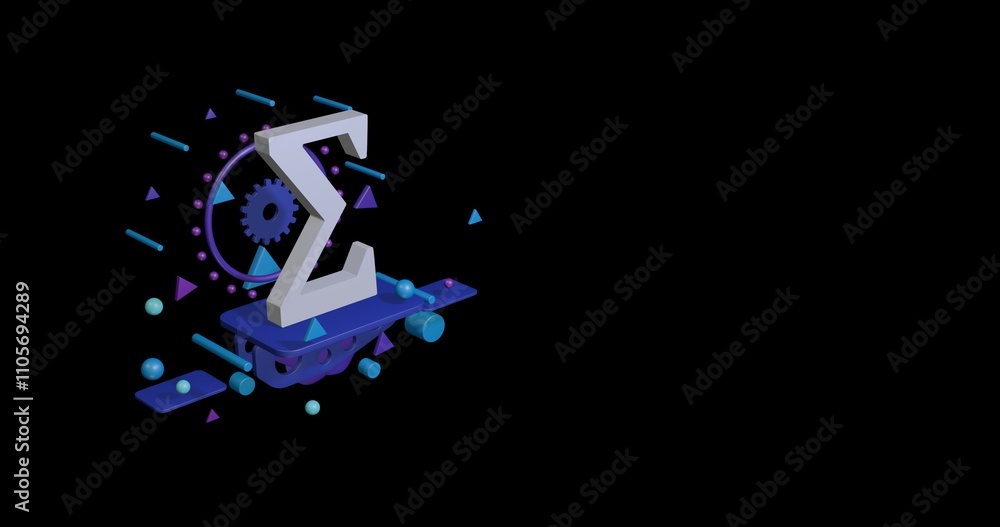 Poster white sigma symbol on a pedestal of abstract geometric shapes floating in the air. abstract concept 