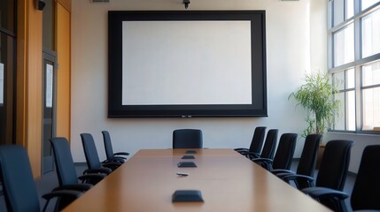 A large presentation screen in a modern conference room, mounted on the wall for easy visibility.