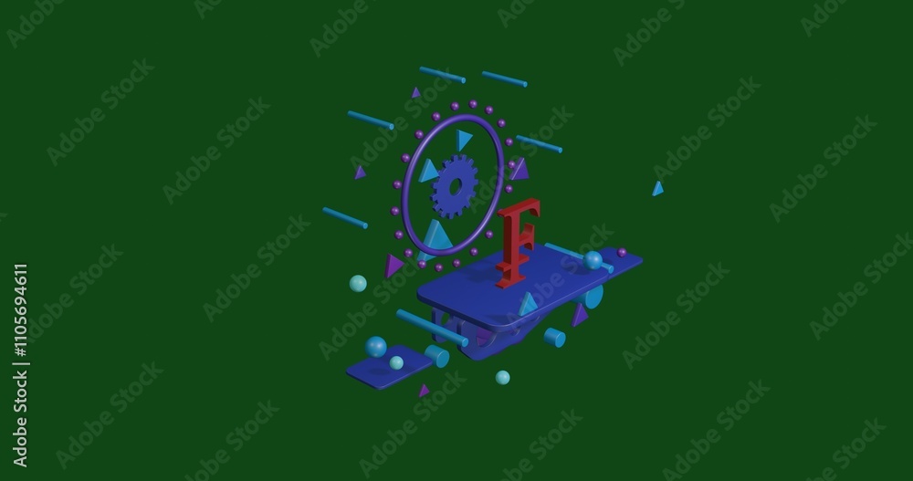 Poster red franc symbol on a pedestal of abstract geometric shapes floating in the air. abstract concept ar