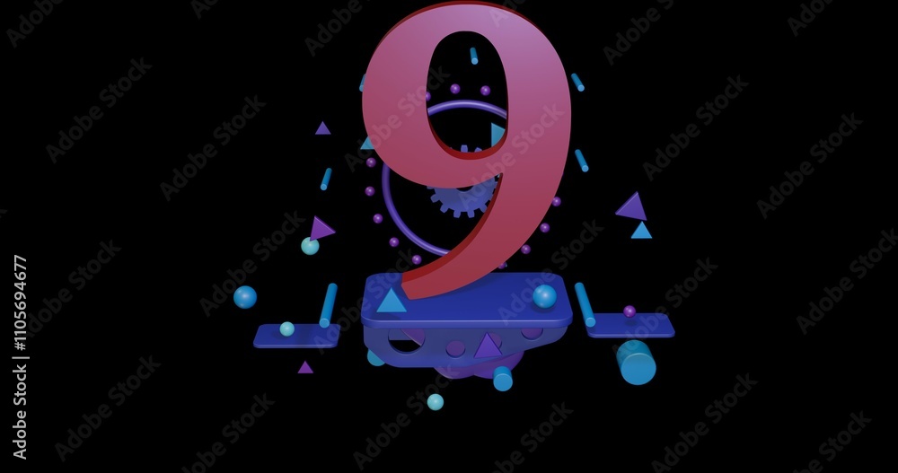 Poster red number nine symbol on a pedestal of abstract geometric shapes floating in the air. abstract conc