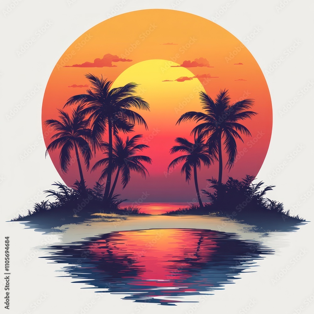 Aufkleber here's a possible and keyword list for your image.. tropical sunset silhouette reflected in calm wat