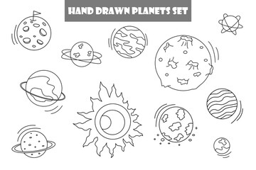Planets doodles set . Hand drawn illustrations isolated on white background. Vector illustration