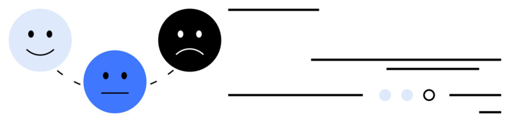 Three emoticons showing happy, neutral, and sad expressions connected by dotted lines on white background. Ideal for mood tracking, mental health, feedback systems, customer service, education, user