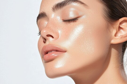 makeup highlighter subtle concept, A close-up of a woman with glowing skin and closed eyes, showcasing a radiant, dewy complexion against a light background.