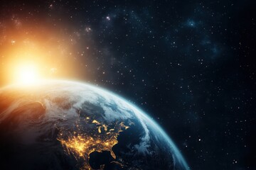 Fototapeta premium Sunrise over Earth showcasing vibrant city lights in North America from space