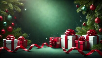 Festive Christmas-themed background featuring beautifully wrapped gift boxes and ribbons in classic holiday colors of red, green, and white. A cheerful and vibrant design.