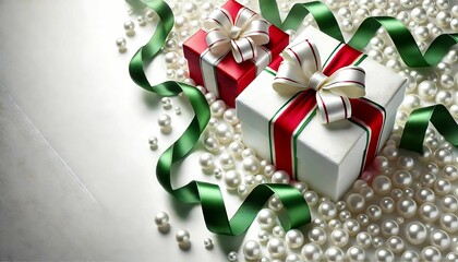 Festive Christmas-themed background featuring beautifully wrapped gift boxes and ribbons in classic holiday colors of red, green, and white. A cheerful and vibrant design.