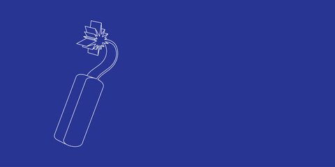 The outline of a large dynamite symbol made of white lines on the left. 3D view of the object in perspective. Vector illustration on indigo background