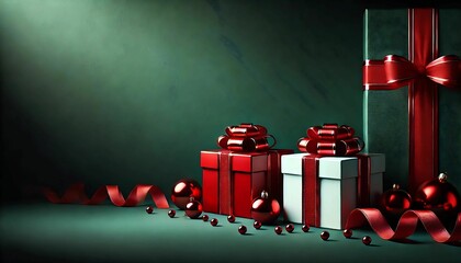Festive Christmas-themed background featuring beautifully wrapped gift boxes and ribbons in classic holiday colors of red, green, and white. A cheerful and vibrant design.