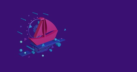 Pink sailing boat symbol on a pedestal of abstract geometric shapes floating in the air. Abstract concept art with flying shapes on the left. 3d illustration on deep purple background