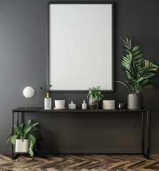 Minimalist interior design with a blank poster frame on a black console table. surrounded by potted plants and decorative objects