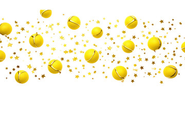 A cheerful holiday-themed image with yellow tennis balls arranged in a star pattern and accented by tinsel and Christmas baubles isolated on white background