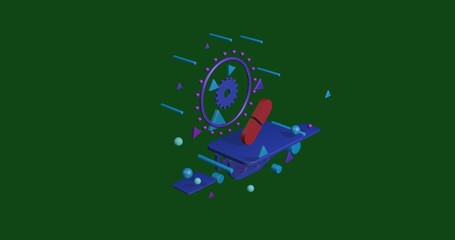 Obraz premium Red medical capsule symbol on a pedestal of abstract geometric shapes floating in the air. Abstract concept art with flying shapes in the center. 3d illustration on green background