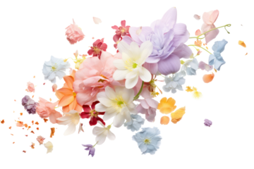 A burst of mixed flower petals in pastel tones falling in an elegant, scattered arrangement, isolated on white background