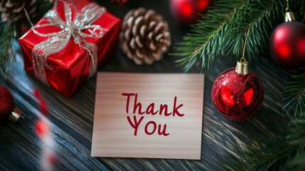 thank you note with red christmas ornaments and pine