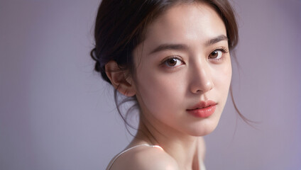 Beauty portrait of a beautiful young woman with glowing skin. Beautiful real face, beauty image.輝く肌を持つ美しい若い女性のビューティーポートレート。美しい素顔、美容イメージ。