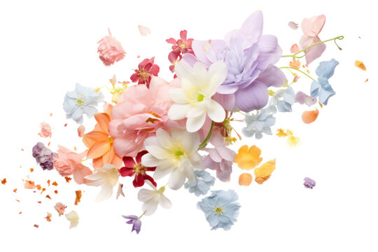 A burst of mixed flower petals in pastel tones falling in an elegant, scattered arrangement, isolated on white background