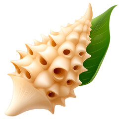 Obraz premium Shell with unique patterns and a green leaf, illustrating marine beauty and natural design, perfect for decor or crafting ideas