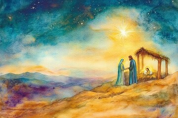 Watercolor illustration of baby Jesus in a manger, with Mary and Joseph by his side. A softly blurred Bethlehem and glowing star highlight the scene, with space below for a Christmas message.