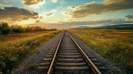 Obraz premium Tracks lead through a lush, green meadow towards a stunning sunset backdrop, highlighting the tranquil beauty of natures canvas.