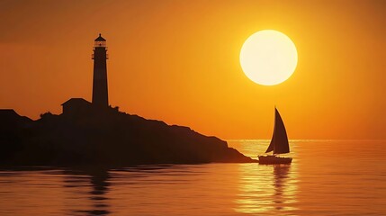 Sailboat approaching lighthouse at sunset over ocean