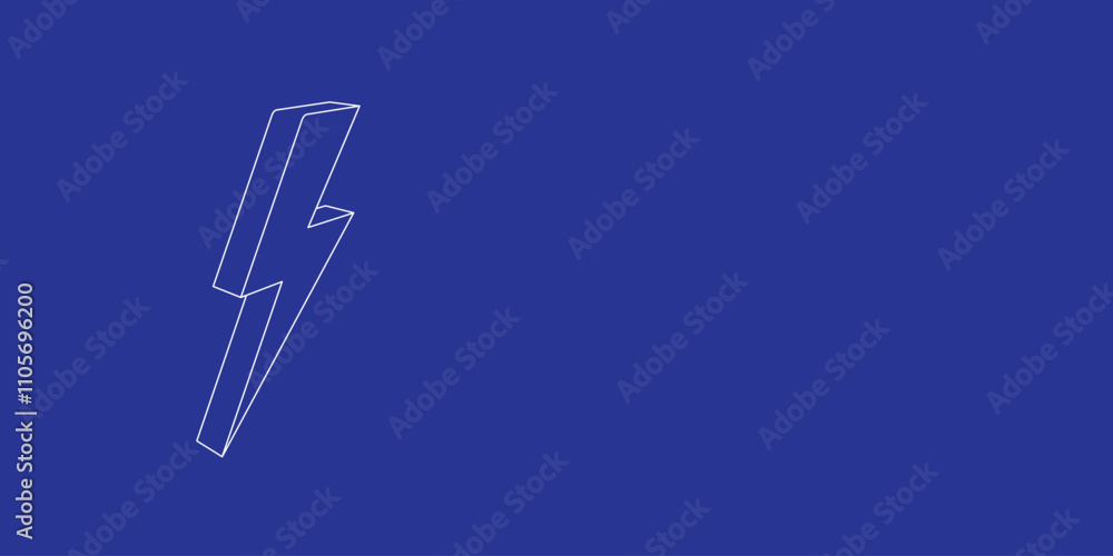 Poster the outline of a large lightning symbol made of white lines on the left. 3d view of the object in pe