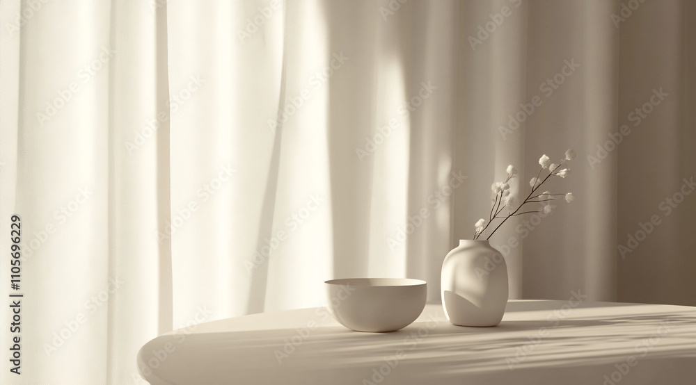 Poster Soft light illuminating a minimalist table with a small vase and bowl in a serene indoor setting