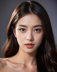 Naklejka premium Beauty portrait of a beautiful young woman with glowing skin. Beautiful real face, beauty image.輝く肌を持つ美しい若い女性のビューティーポートレート。美しい素顔、美容イメージ。
