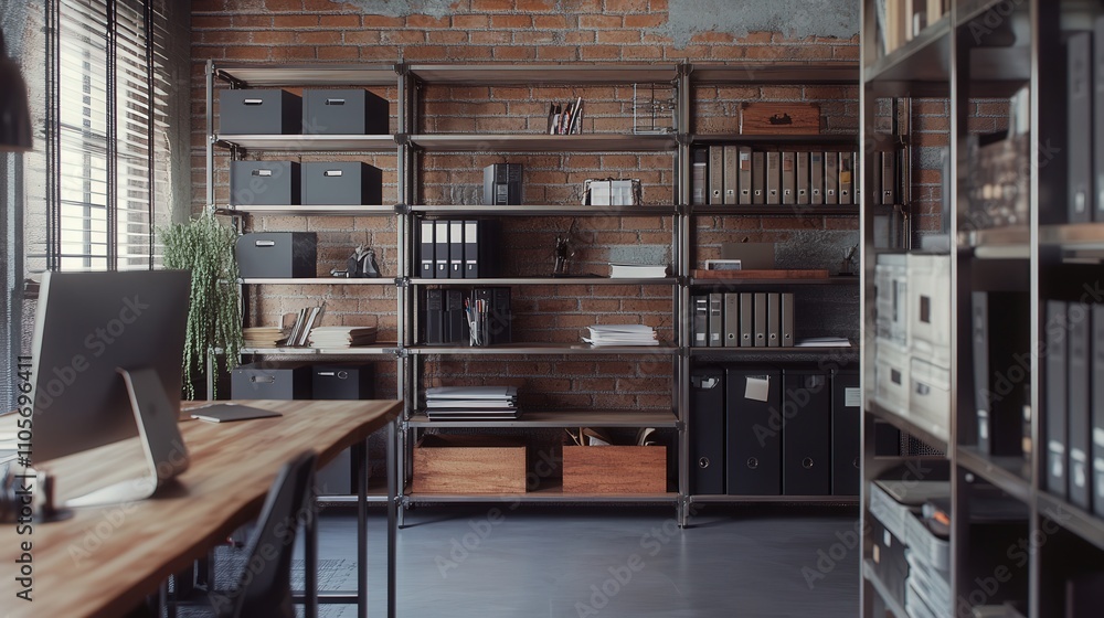 Poster a metal document shelf in a shared workspace, featuring several levels to store files and folders.