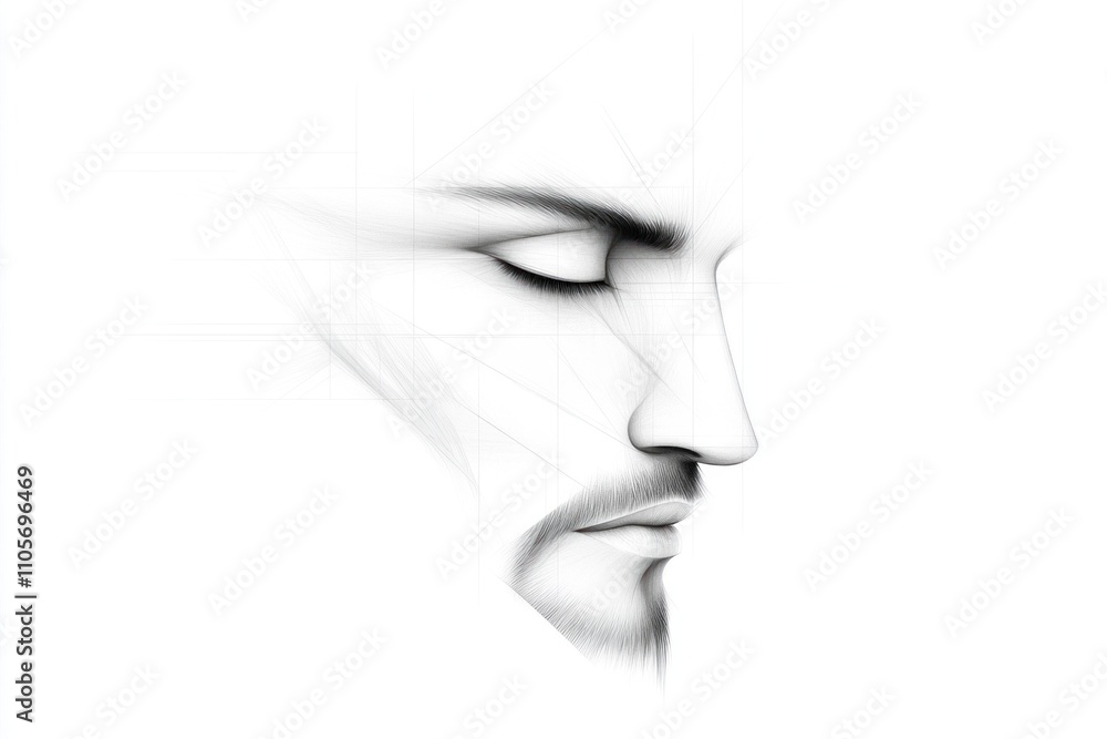Poster the tattoo features a hyperrealistic rendering of a man\'s profile with closed eyes, showcasing intr