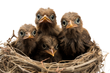 A baby bird with a slightly oversized beak, surrounded by its soft, feathered siblings in a nest, isolated on a white background