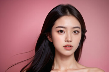 Fototapeta premium Beauty portrait of a beautiful young woman with glowing skin. Beautiful real face, beauty image.輝く肌を持つ美しい若い女性のビューティーポートレート。美しい素顔、美容イメージ。