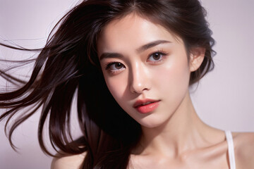 Naklejka premium Beauty portrait of a beautiful young woman with glowing skin. Beautiful real face, beauty image.輝く肌を持つ美しい若い女性のビューティーポートレート。美しい素顔、美容イメージ。