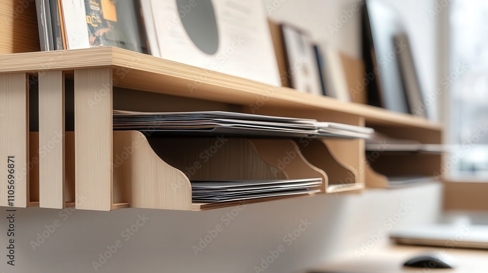 Poster a minimalist document shelf with adjustable compartments, allowing for customizable storage