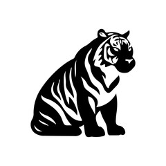 A large sitting tiger symbol in the center. Isolated black symbol. Illustration on transparent background