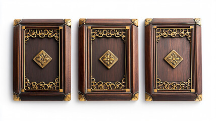 Fototapeta premium vintage wooden frames with golden ornaments isolated on a white background
