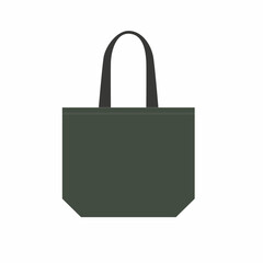 illustration of tote bag in natural dark green color. Sketch of large green tote bag on white background.