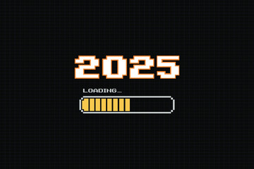 LOADING 2025 .pixel art .8 bit. retro game. for game assets in vector illustrations. Retro Futurism Sci-Fi Background. glowing neon grid and star from vintage arcade computer games
