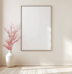 A white vase with pink branches stands in front of a blank canvas on a white wall The floor is made of wood and there is natural light coming in from the window