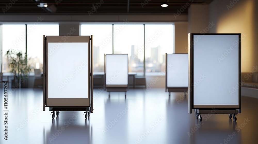 Poster a mobile presentation screen with adjustable height and tilt, designed for flexibility in various me