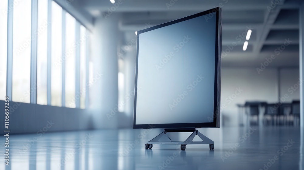 Poster a mobile presentation screen with adjustable height and tilt, designed for flexibility in various me