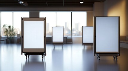 A mobile presentation screen with adjustable height and tilt, designed for flexibility in various meeting environments.