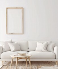 Minimalist living room with white sofa. wooden coffee table. and framed artwork