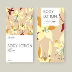 A design featuring body lotion packaging with floral patterns, soft colors, and simple layout on a light background