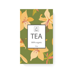 Colorful tea packaging design with floral elements and organic label. Templates packaging tea, logo, label, banner, poster, identity, branding. Stylish design for black, green, white tea.