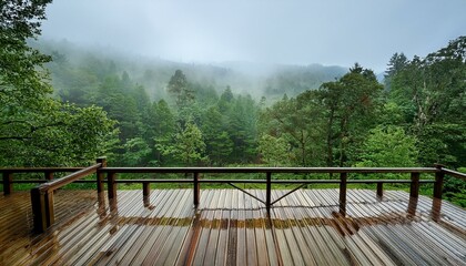 Fototapeta premium A Tranquil Wooden Balcony Overlooking a Rain-Kissed Forest